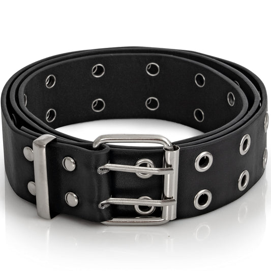 Skeleteen Grommet Faux Leather Belt - Black Faux Leather 2 Prong and Holes Aesthetic Grunge Belts for Men Women and Kids (Black, Extra Large)