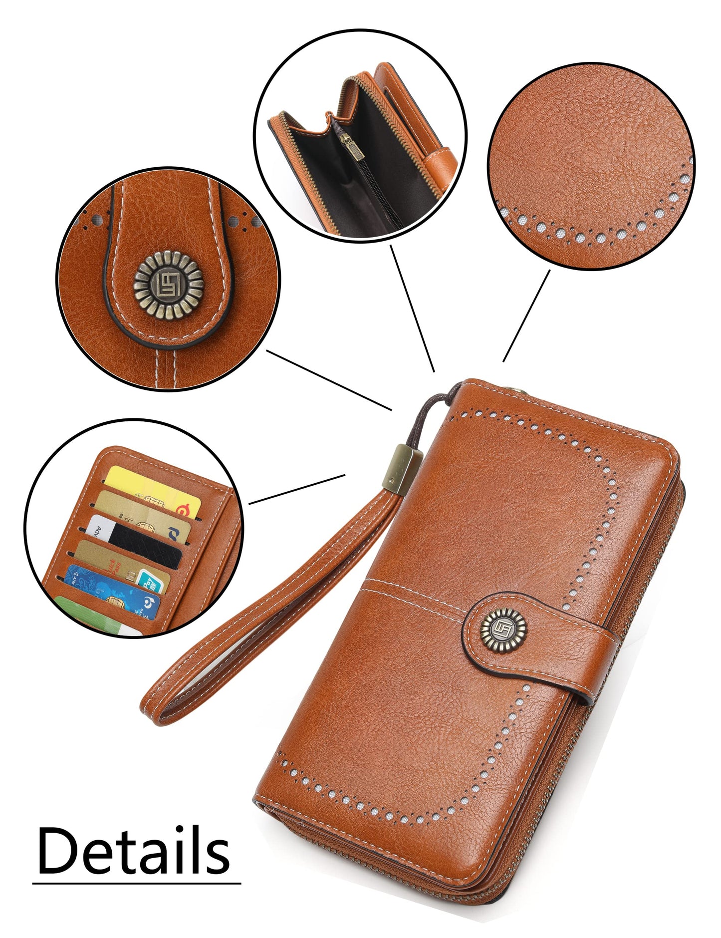 JJUQ Womens Wallet Leather Large Capacity Card Holder Zipper Wristlet Wallets for Women-brown