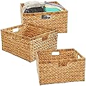 Large 14.5” x 13.5” x 8” (Set of 3) Natural Water Hyacinth Woven Storage Baskets, Rectangular Wicker Basket with Built-in Handles, Large (Natural)