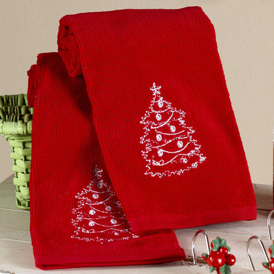 Christmas Tree Hand Towels with Red Chalkboard Style - Set of 2