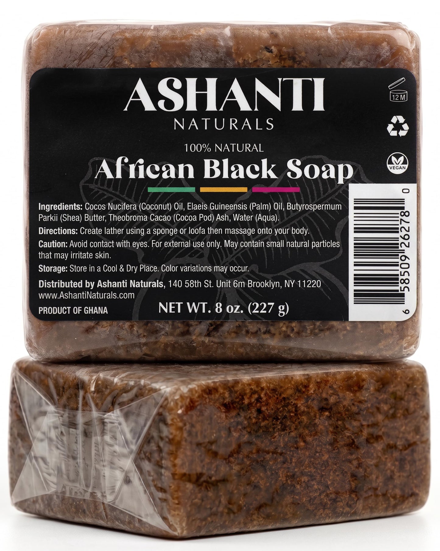 Ashanti Naturals African Black Soap Bar | Unscented Natural Black Soap with Raw Shea Butter and Coconut Oil - 8oz Bar