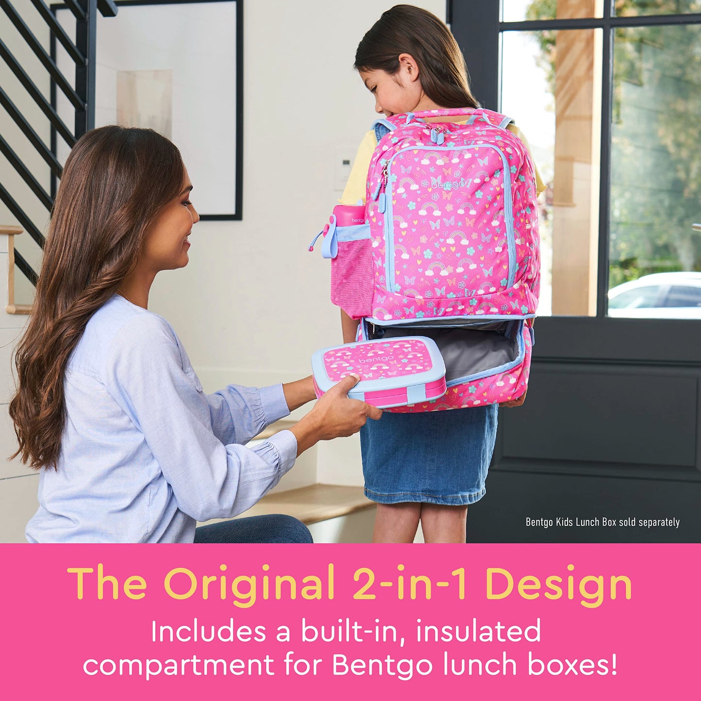Bentgo Kids 2-in-1 Backpack & Insulated Lunch Bag - Durable 16” Backpack & Lunch Container in Unique Prints for School & Travel - Water Resistant, Padded & Large Compartments (Rainbows & Butterflies)