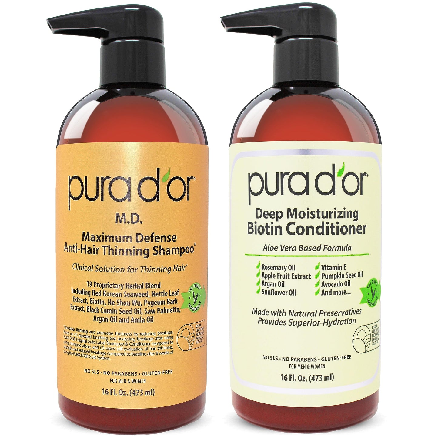 PURA D'OR MD Anti-Thinning Biotin Shampoo & Conditioner Set 16oz x2 – Coal Tar Herbal Blend for Thicker Hair & Scalp Health, Men & Women