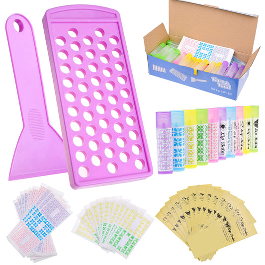 Kare & Kind Lip Balm Crafting Kit - Filling Tray and Spatula - 50 Empty Tubes with Caps (10x5 Colors) - 3/16 Oz (5.5 ml) - 50 Writeable and 50 Printed