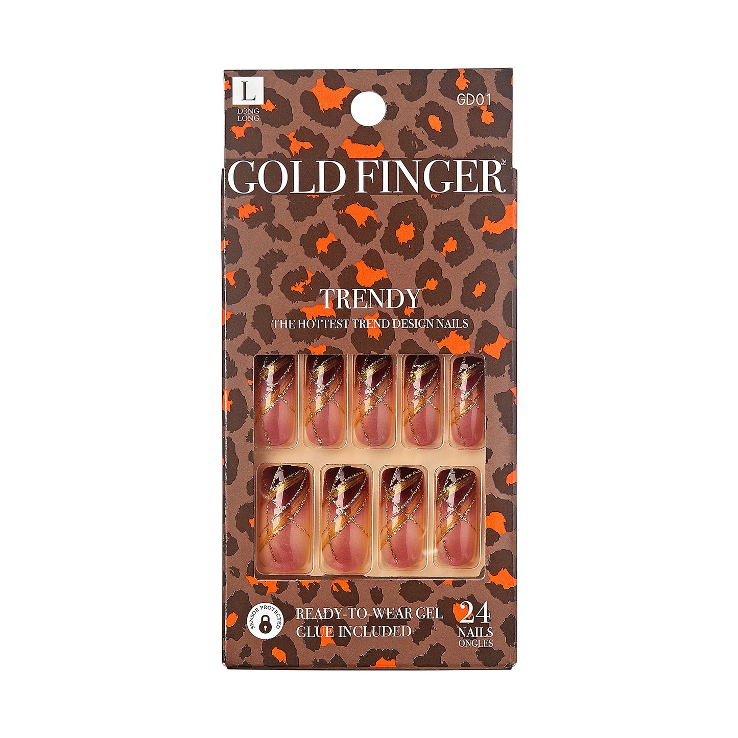 Gold Finger Gel Glam Press on Nail Dark Brown Glitter French Full Cover Luxurious Design, Square shape, Medium Length, MIni Glue Included GF64