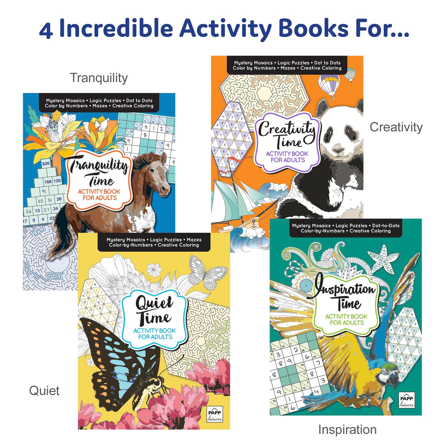 Activity Books for Adults – 4-Volume Set with 100+ Pages of Stress-Relief Puzzles: Sudoku, Color by Number, Mosaics & Inspirational Quotes