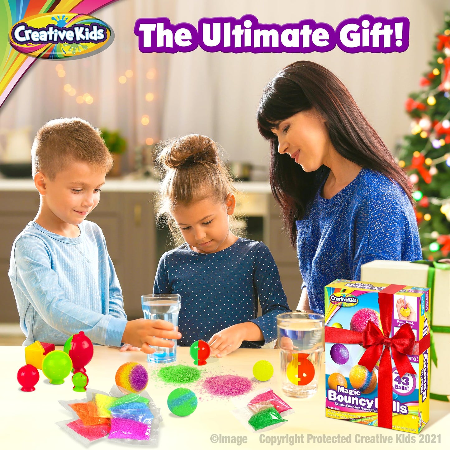 Creative Kids Magic Bouncy Balls Kit – DIY STEM Science Toy with 25 Colorful Crystal Powder Packs & 5 Molds – Makes Up to 43 Fun Bounce Balls for Kids