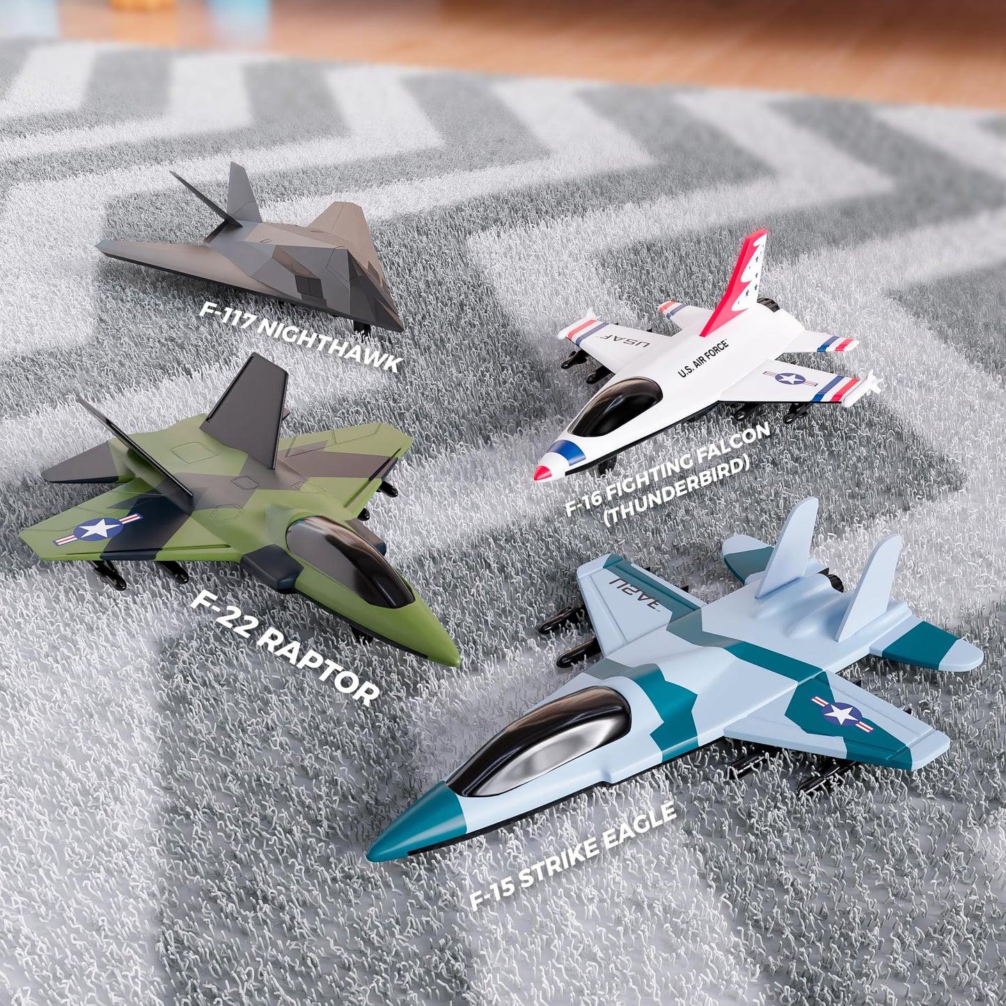 United Sates Air Force 4-Pack Toy Jet Squadron Die Cast Airplanes, Pull Back Military Fighter Jets, Diecast Air Plane Models