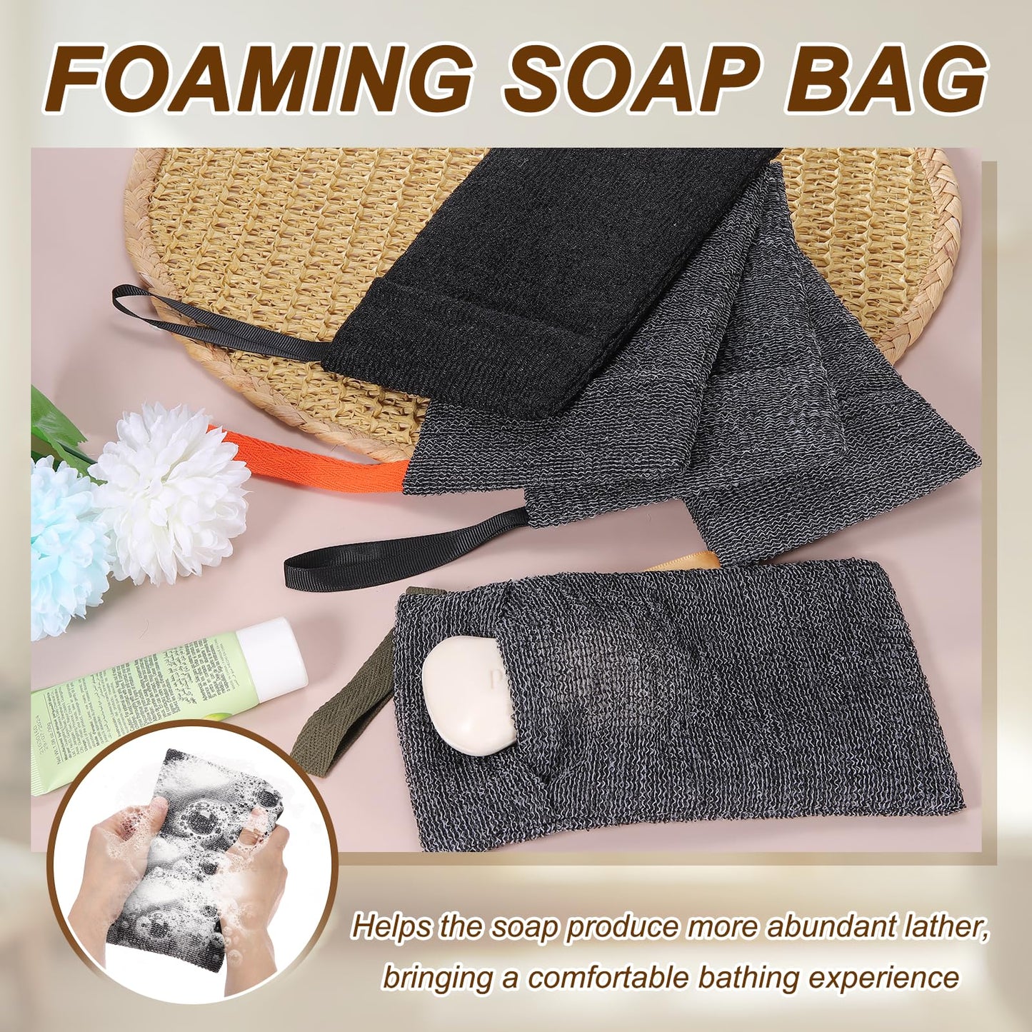 uxcell Loofah Soap Pouch, 4 Pcs Bar Soap Saver Bag with Dark Green Handle Nylon Body Scrubber Pouch Exfoliating Net for Body Shower Foaming Travel Beauty and Personal Care uxcell