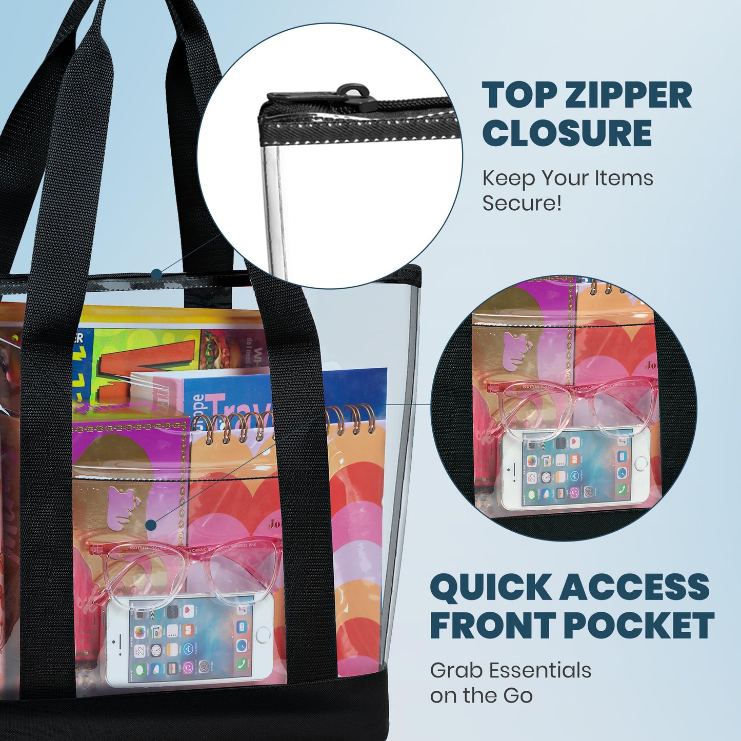 Handy Laundry Clear Tote Bag - Zipper Closure, Long Shoulder Strap, Fabric Trimming. (Black)