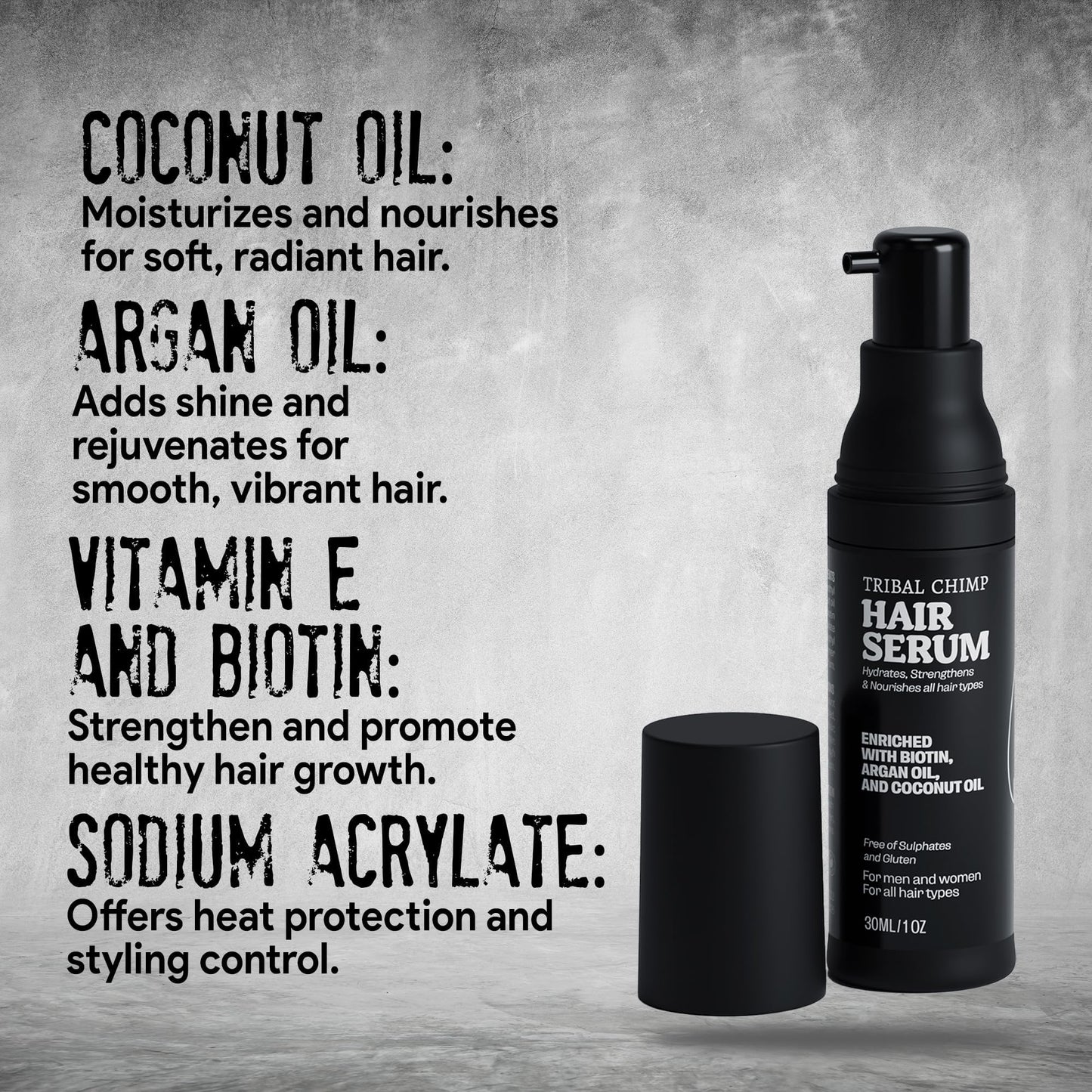 Tribal Chimp 1oz Hair Serum for Day and Night Hair Care - Argan Oil, Coconut Oil, and Biotin for Dry, Frizzy, and Damaged Hairs - Hydrating