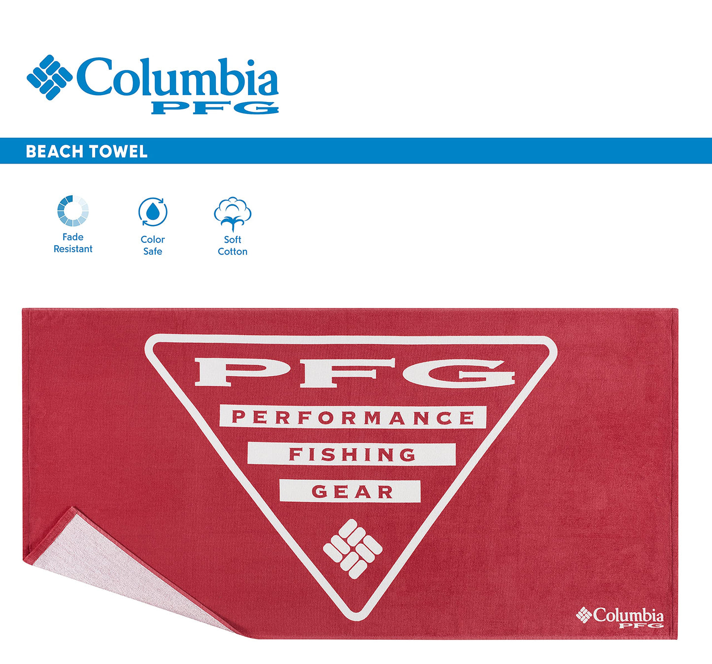 Columbia PFG Beach Towel - 100% Organic Cotton - Low Lint - Color Safe for Beach and Pool - Fade Resistant - 36 X 72 Inches - Sunset Red