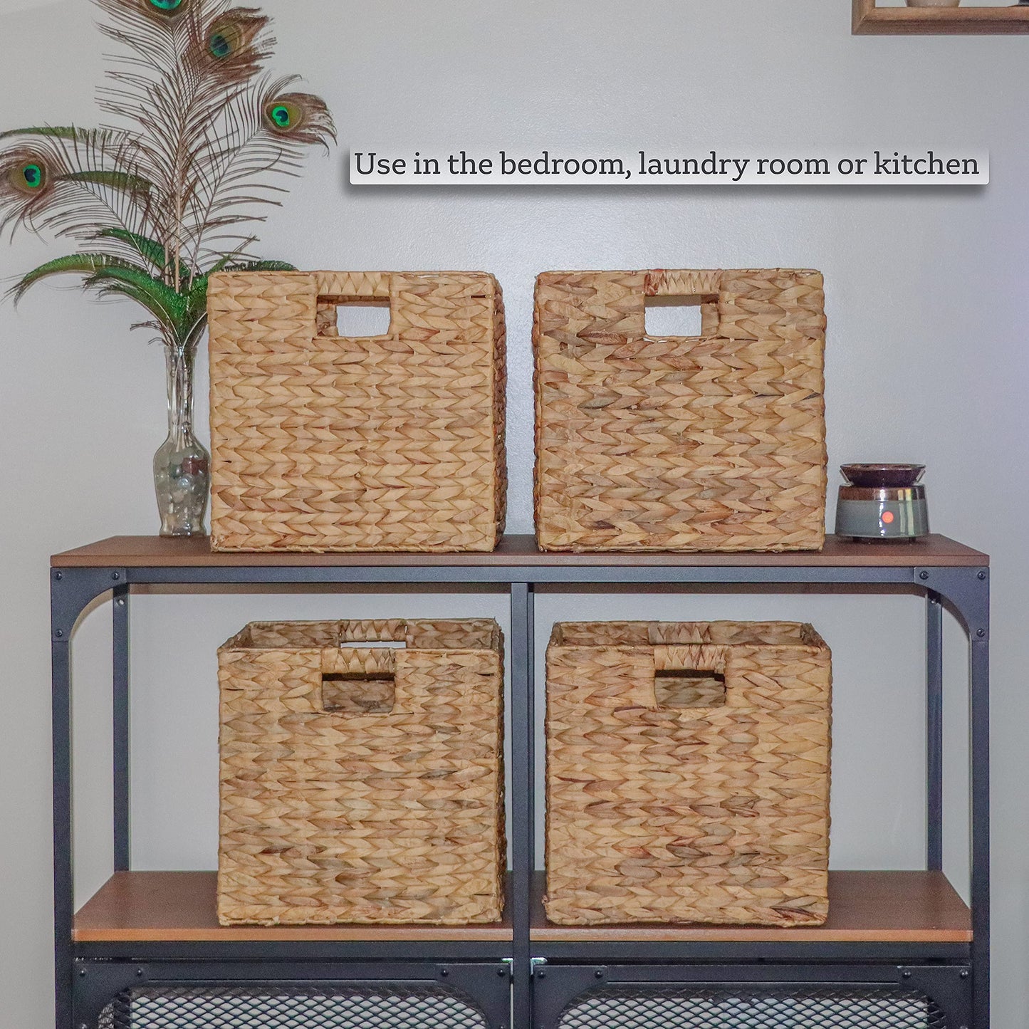 Trademark Innovations Foldable Hyacinth Storage Baskets with Iron Wire Frame (Set of 4)