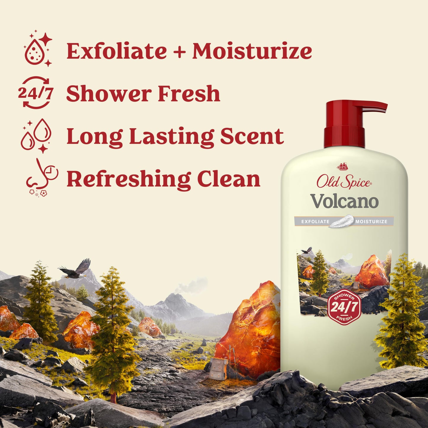 Old Spice Cleansing Body Wash for Men, 24/7 Shower Fresh with Lasting Scent, Exfoliate & Moisture, Gentle on Skin, Vitamin B3, Volcano with Dark Cedar