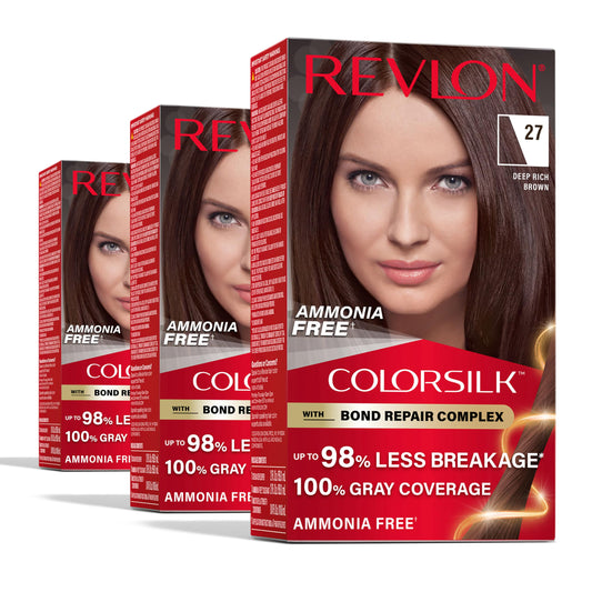 Revlon ColorSilk with Bond Repair Complex, Brown Permanent Hair Color, 100% Gray Coverage, Ammonia Free Hair Dye, Vegan Keratin, 27 Deep Rich Brown