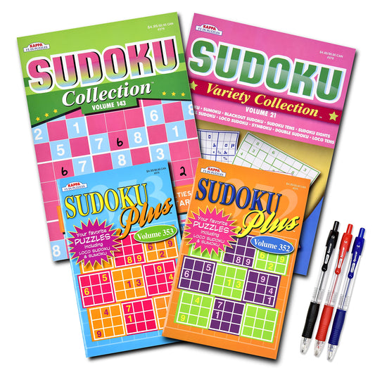 4-Pack 350+ Sudoku Puzzle Books for Adults & Seniors – Brain Stimulation Variety Pack with Tips & Tricks, Large 8x10 & 5x8 Combo