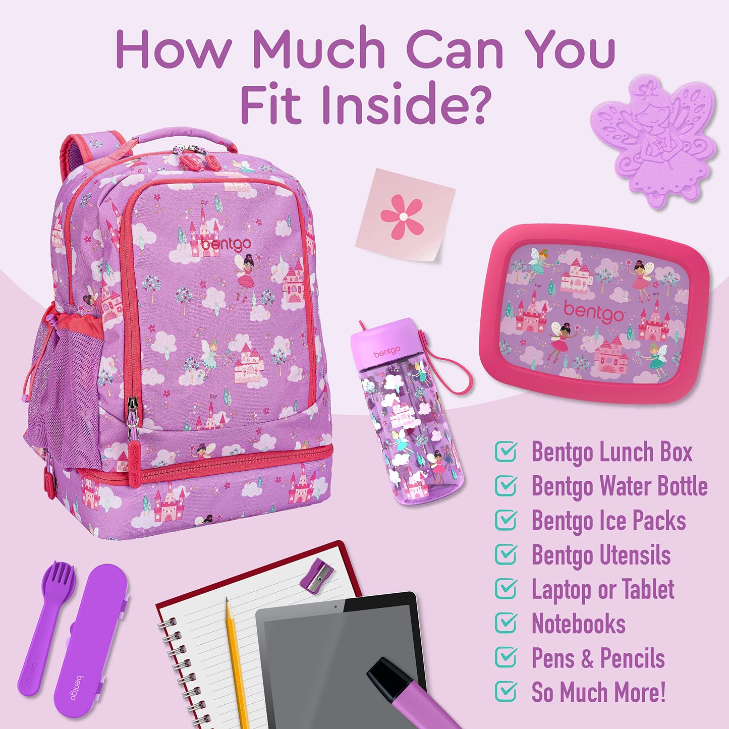 Bentgo Kids 2-in-1 Backpack & Insulated Lunch Bag - Durable 16” Backpack & Lunch Container in Unique Prints for School & Travel - Water Resistant, Padded & Large Compartments (Fairies)