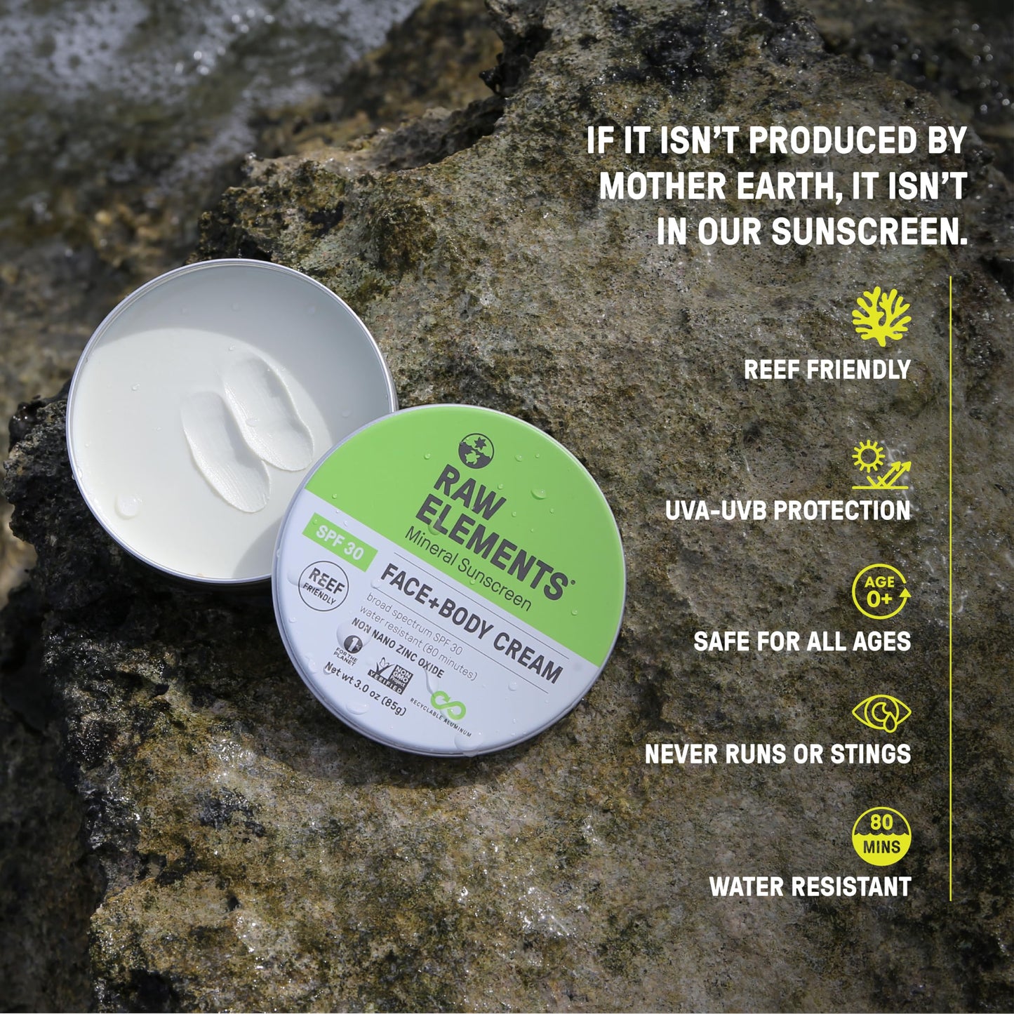 Raw Elements Face and Body Mineral Sunscreen SPF 30 Tin, Organic Sunblock Daily Protection, Non Toxic Reef Safe, Water Resistant, Cruelty Free