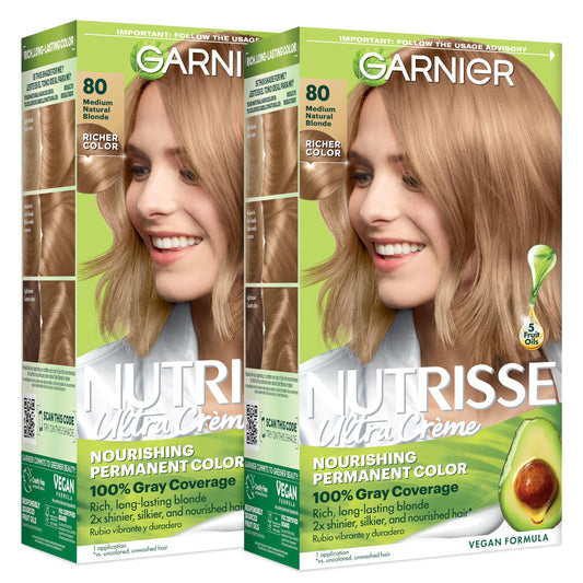 Garnier Nutrisse Ultra Crème Hair Color, Permanent Hair Dye with 100% Gray Coverage, Vegan & Cruelty-Free, 80 Medium Natural Blonde (Butternut), 2 Beauty & Personal Care Garnier