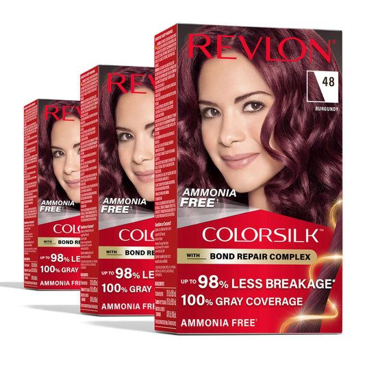 Revlon ColorSilk with Bond Repair Complex, Burgundy Permanent Hair Color, 100% Gray Coverage, Ammonia Free Hair Dye, Vegan Keratin, 48 Burgundy (Pack