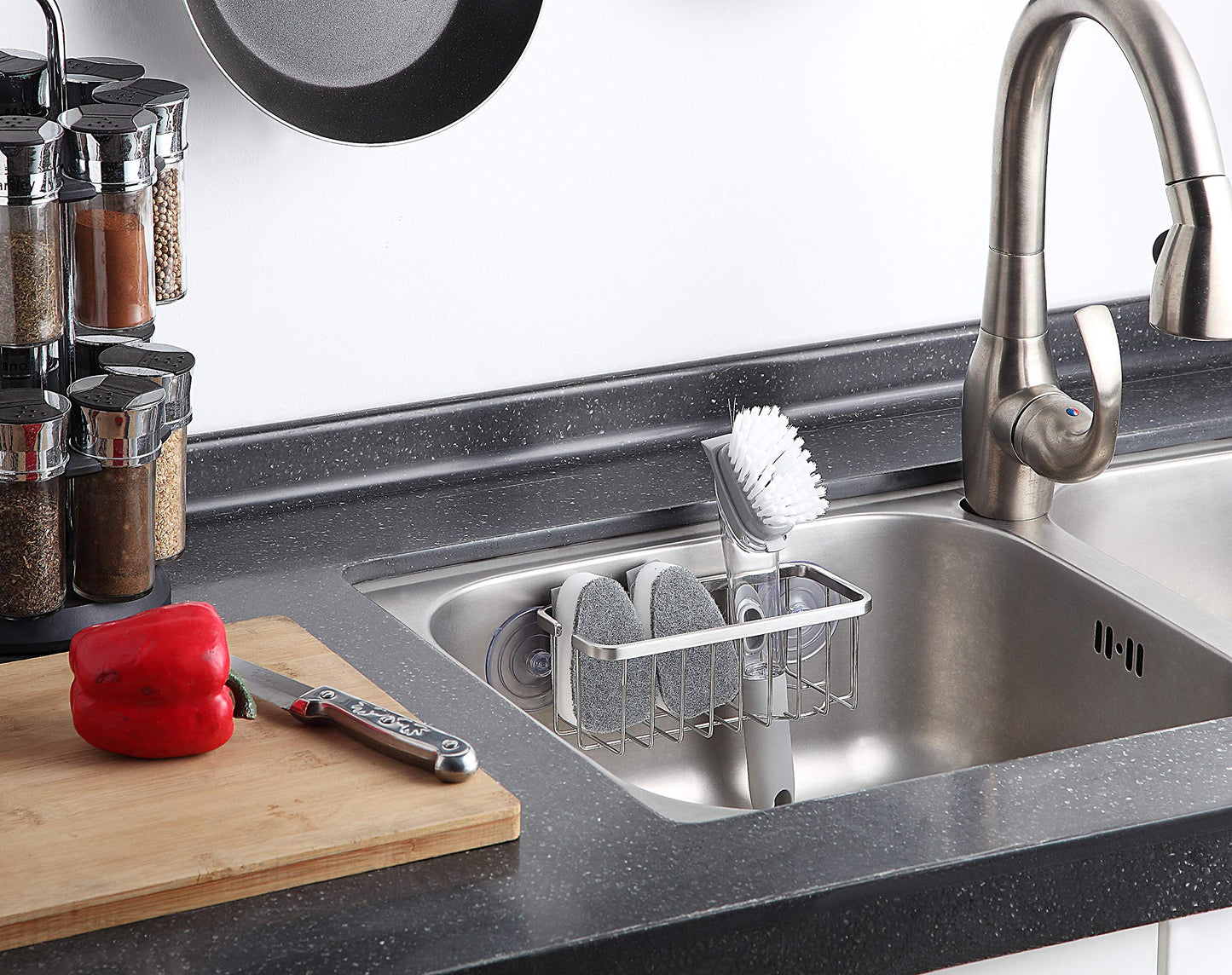SunnyPoint NeverRust Sink Sponge Holder – Adhesive Mount with Suction Cup, Rustproof Organizer for Kitchen & Bathroom – 7.4x3.3x2.75"