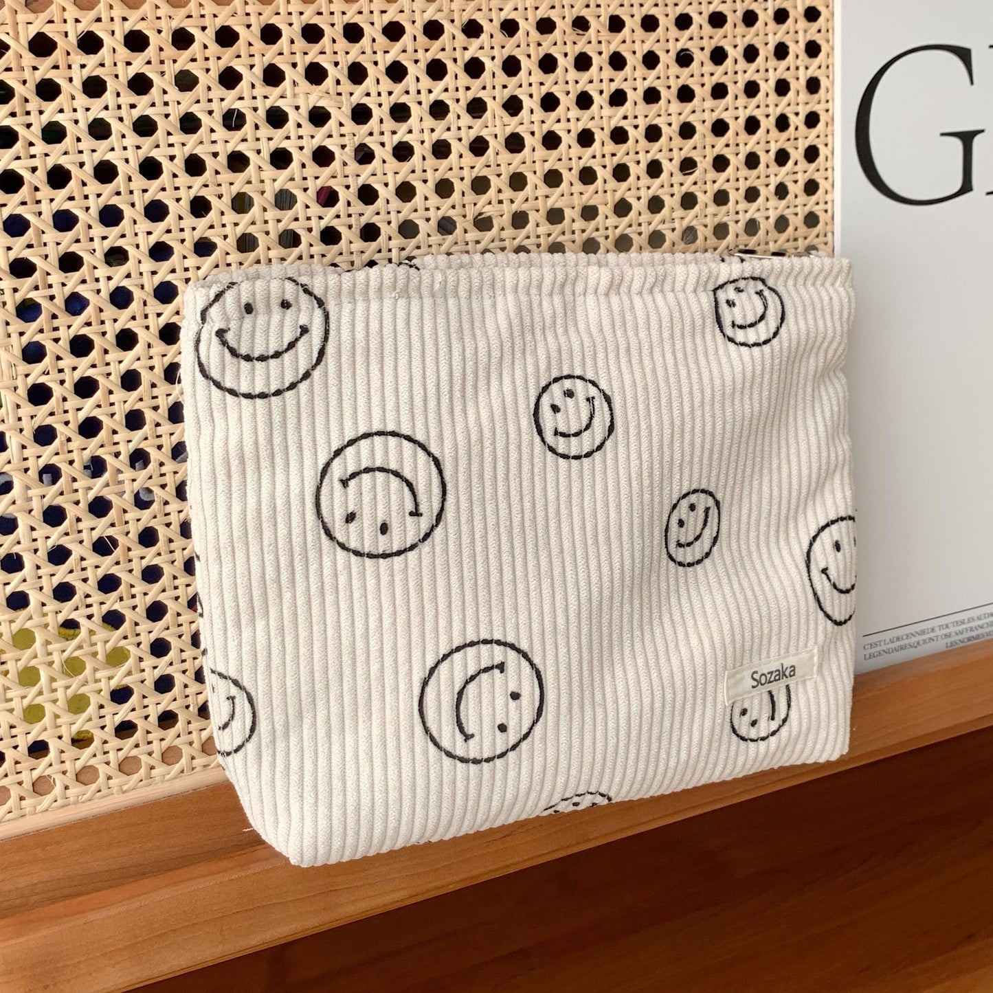 Corduroy Cosmetic Bag for Women – Aesthetic Makeup Organizer Pouch, Smile Dots Travel Storage Bag, Cute Handbag & Purse (Beige)