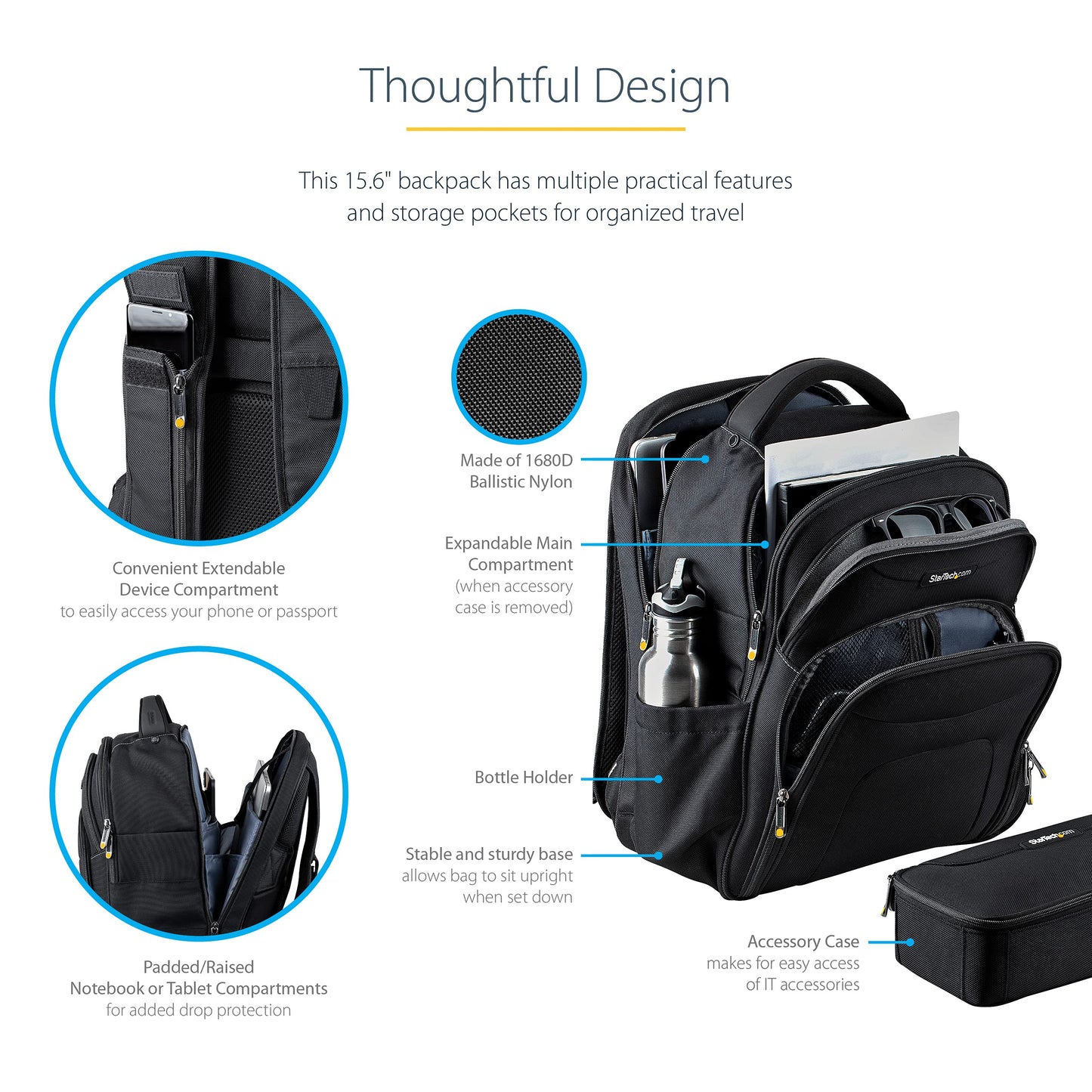 StarTech.com Unisex Backpack Ergonomic Computer Bag with Removable Accessory Case-Laptop/Tablet Pockets-Nylon, Black, 15.6" Professional IT Tech Work/Travel/Commute (NTBKBAG156)
