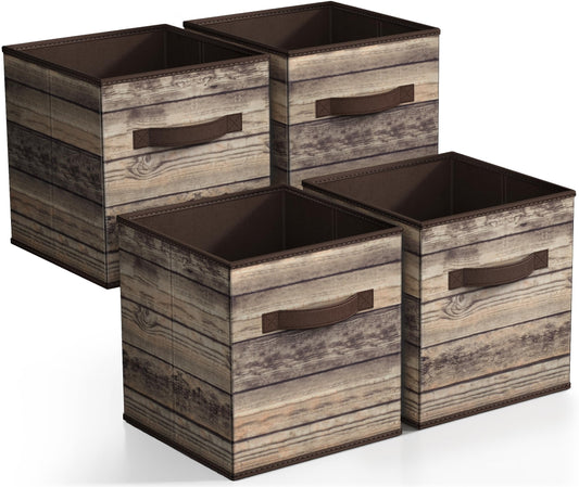 Sorbus Foldable Storage Cube Basket Bin, Rustic Wood Grain Print, 4-Pack (Rustic Bin - Brown)