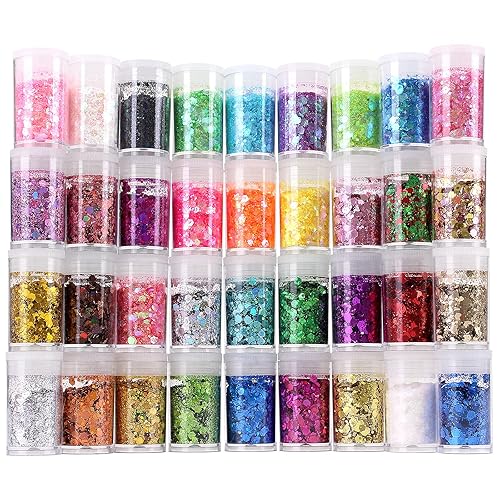Chunky and Fine Glitter Mix, Estanoite 36 Colors Chunky Sequins & Fine Glitter Powder Mix, Cosmetic Makeup Flakes for Face Body Eye Nail Art Resin