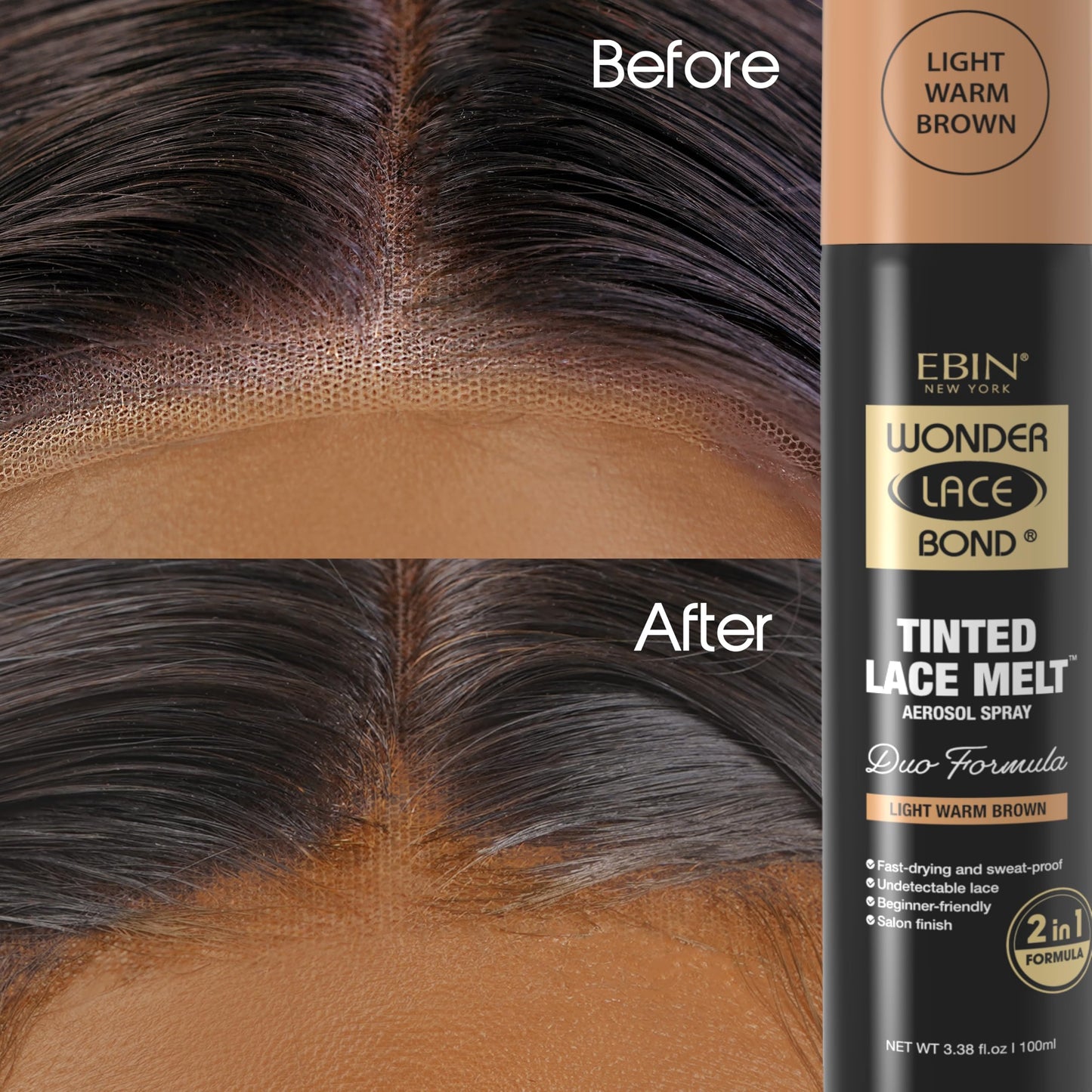 EBIN NEW YORK Wonder Lace Bond Tinted Lace Melt Aerosol Spray - Light Warm Brown 3.38oz/ 100ml - Quick Dry No Transfer Formula, Humid Resistant