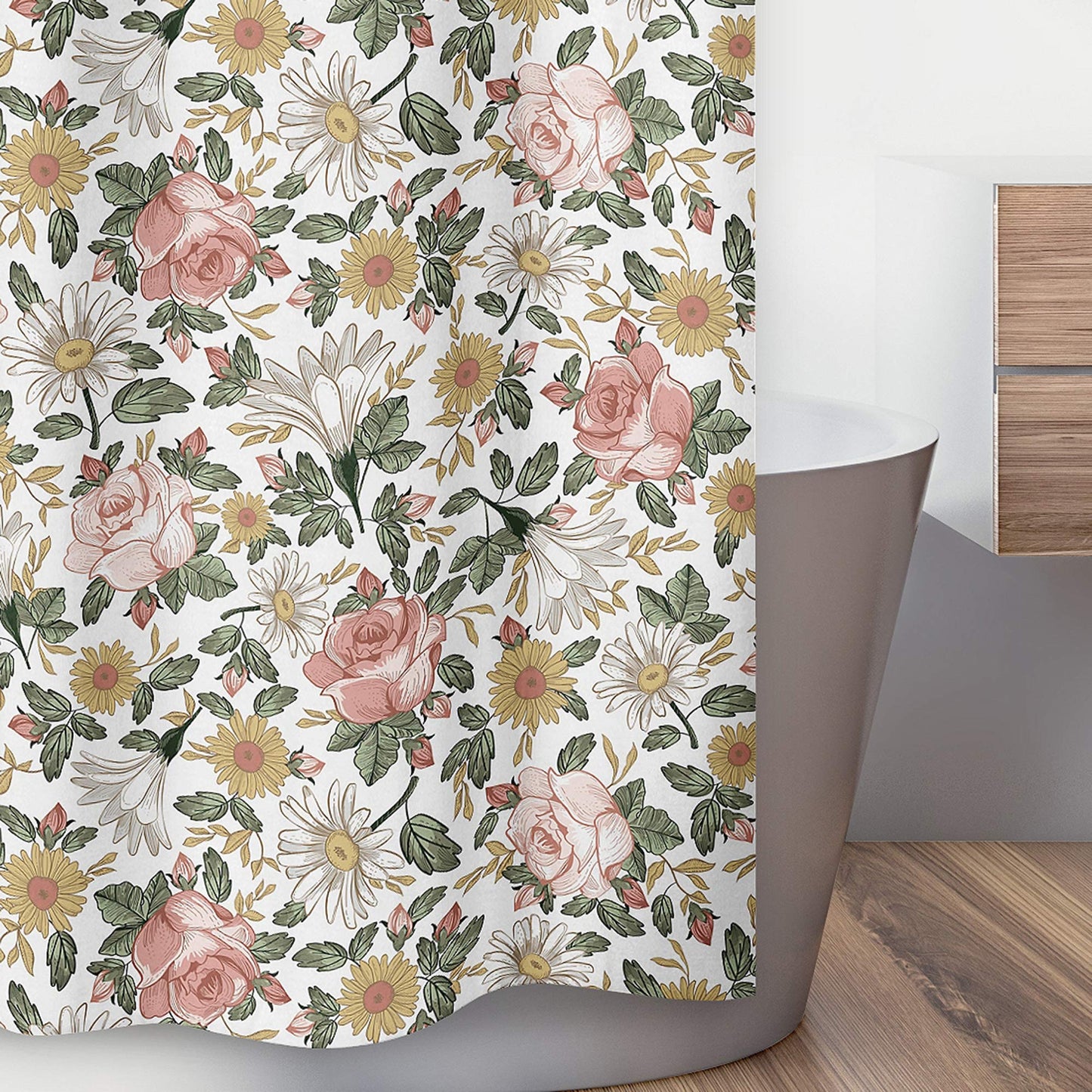 Sweet Jojo Designs Vintage Floral Boho Bathroom Fabric Bath Shower Curtain - Blush Pink, Yellow, Green and White Shabby Chic Rose Flower Farmhouse