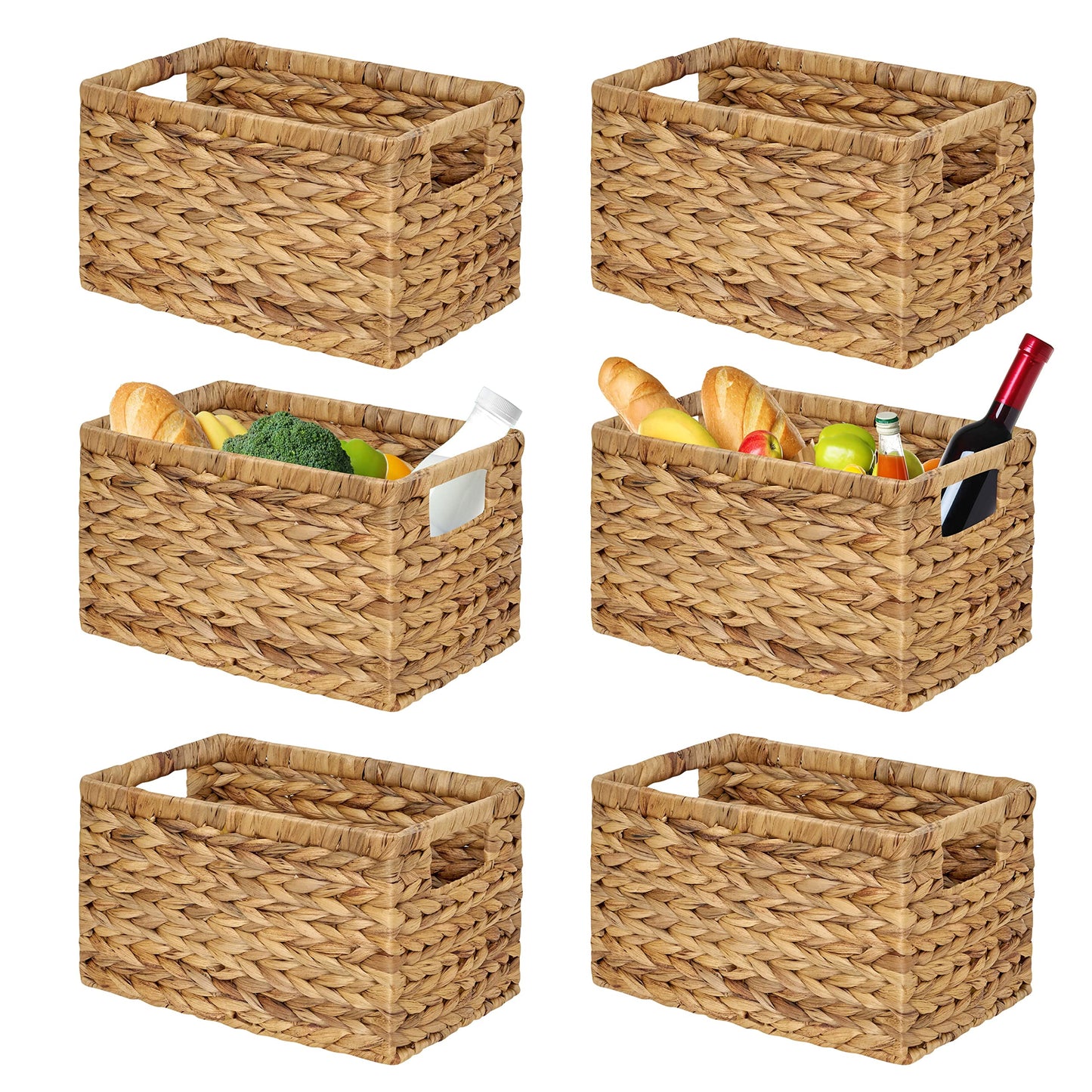 BARIEN Set of 6 Natural Water Hyacinth Woven Storage Baskets 12.6” x 8” x 7”, Rectangular Wicker Basket with Built-in Handles, Medium (Natural - Set…
