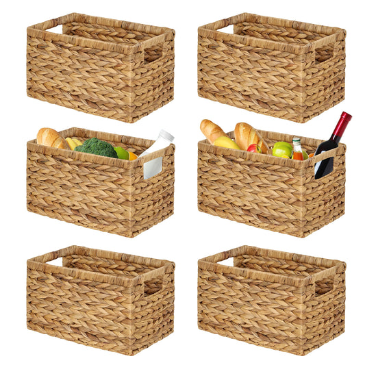 BARIEN Set of 6 Natural Water Hyacinth Woven Storage Baskets 12.6” x 8” x 7”, Rectangular Wicker Basket with Built-in Handles, Medium (Natural - Set…