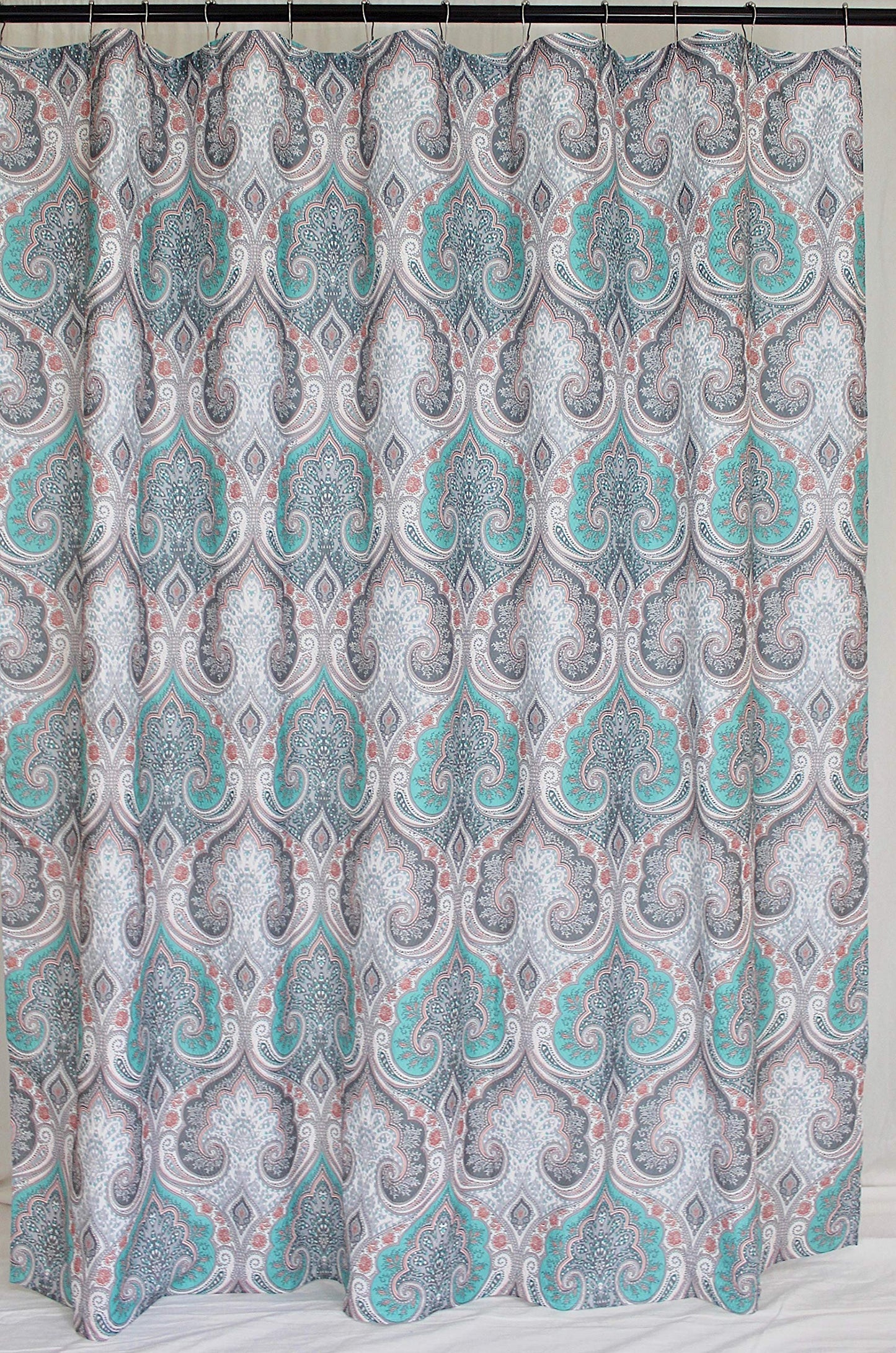Boho Floral Damask Fabric Shower Curtain for Bathroom: Teal Pink Grey