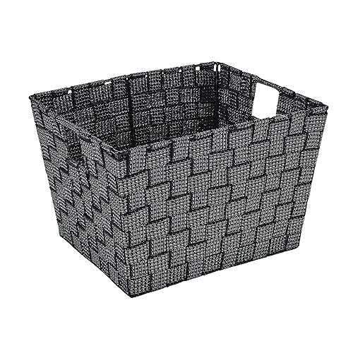 Simplify 10"x12"x8" Medium Striped Woven Basket for Storage with Handles, Nursery, Playroom, Toys, Bedroom, Closet, Clothes, Office, Decorative Lurex…