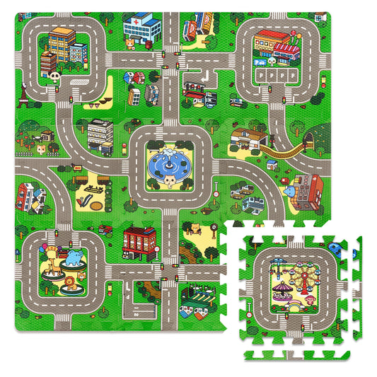 Sorbus Traffic Play Mat – 9 EVA Foam Puzzle Tiles with Borders, Kids Road Traffic Rug for Toy Cars & Trucks, Educational Playroom Mat
