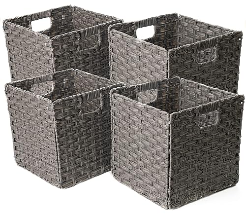Foldable Synthetic Plastic Wicker Storage Basket with Iron Wire Frame By Blue Ridge Basket Company (Set of 4)