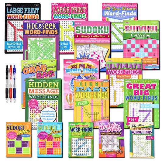 17-Pack 1400+ Puzzle Books – Sudoku & Word Search for Adults & Seniors, Brain Stimulation Variety Pack, Large 8x10 & 5x8 Combo
