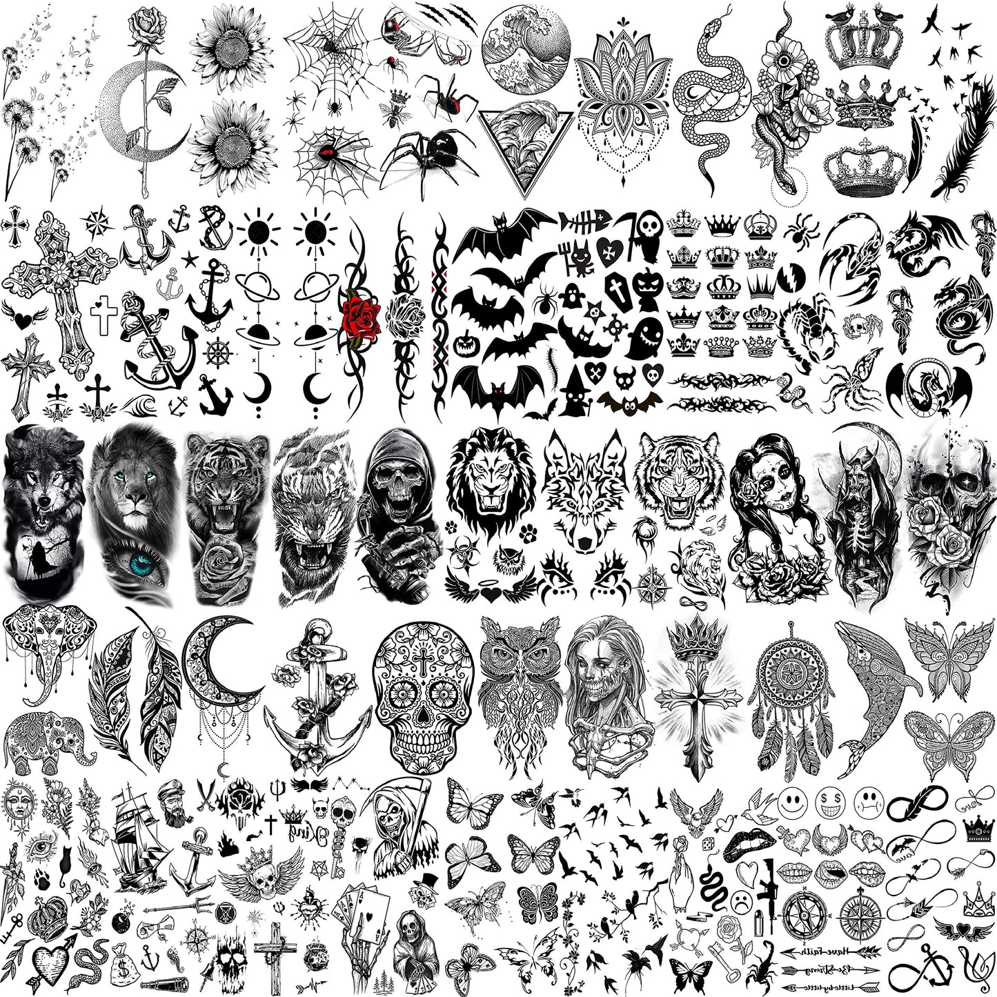 VANTATY 63 Sheets Realistic Black Rose Peony Flower Temporary Tattoos for Women Adults Body Art Arm, Snake Fake Floral Sketch Sleeve Tattoo Sticker Beauty and Personal Care VANTATY