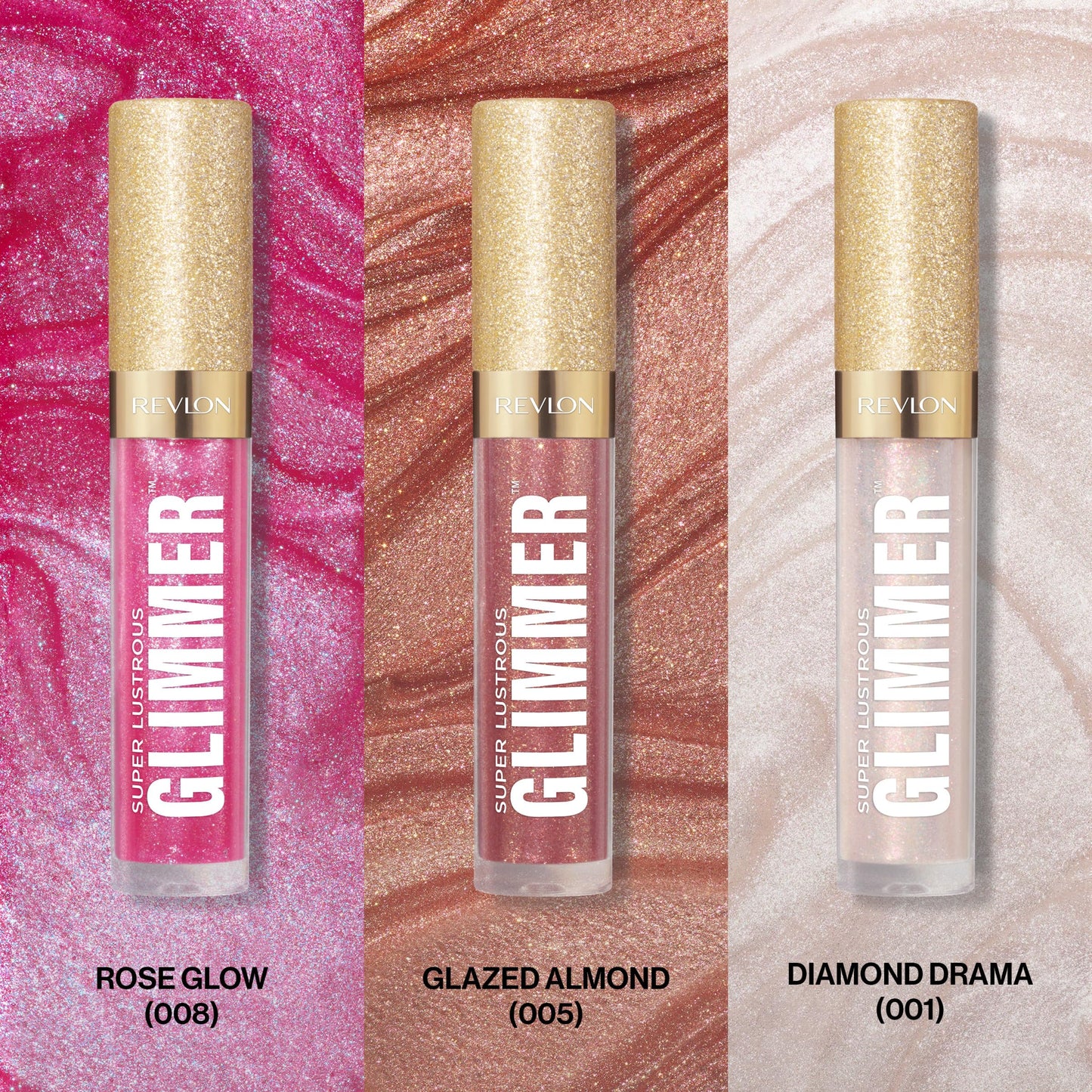 REVLON Super Lustrous Glimmer Gloss Gift Set, 3-Piece, Non-Sticky Lip Makeup, Plant-Based Glitter, High-Shine Finish, 008 Rose Glow, 005 Glazed Almond