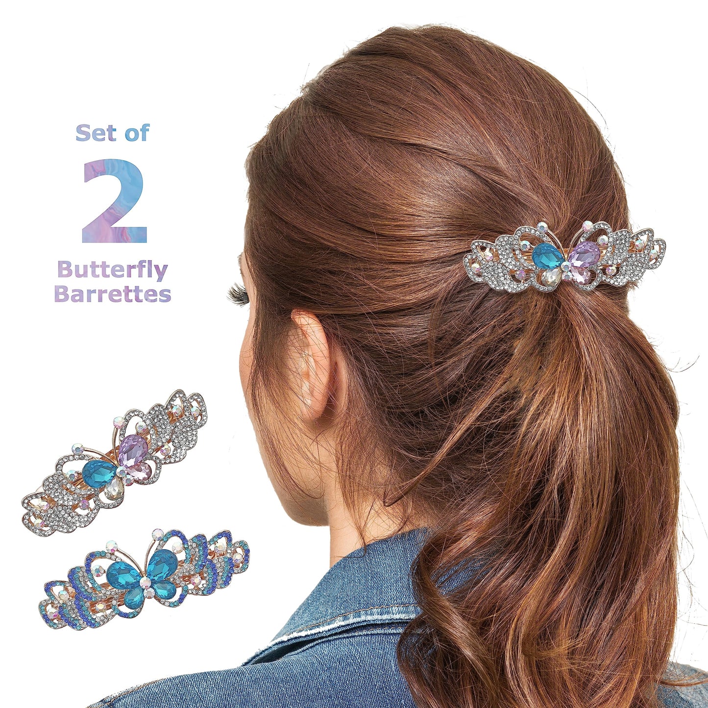 Rhinestone Crystal Barrettes - Set of 2 - Jeweled Butterfly Hair Clips - 1 with Blue Crystals and 1 with Mulit-Colored Crystals - Rose Gold Tone Metal