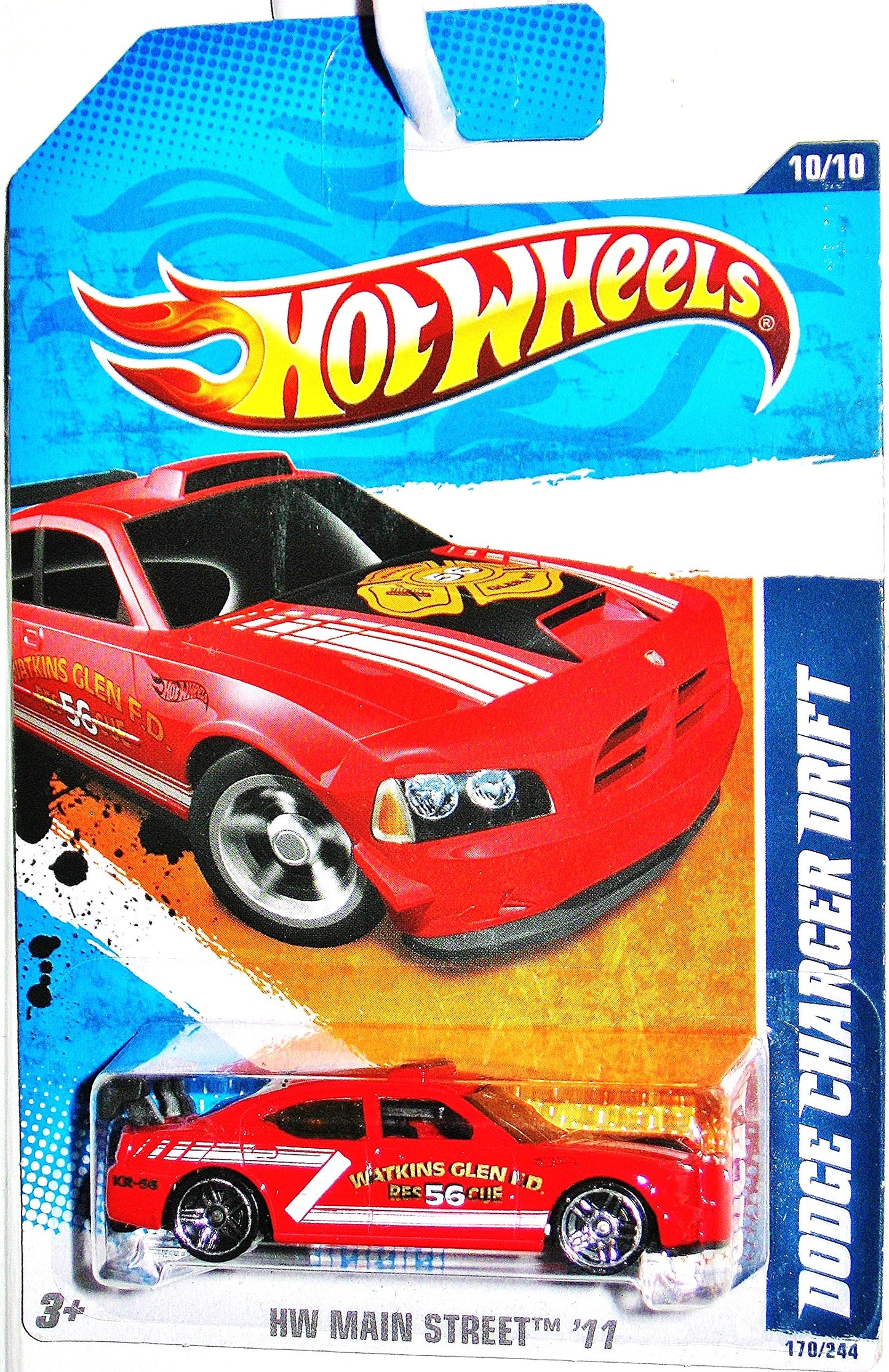 Hot Wheels 2011 [Red Watkins Glen Fire Department] Dodge Charger Drift CAR #170/244, HW Main Street #10/10, 1:64 Scale