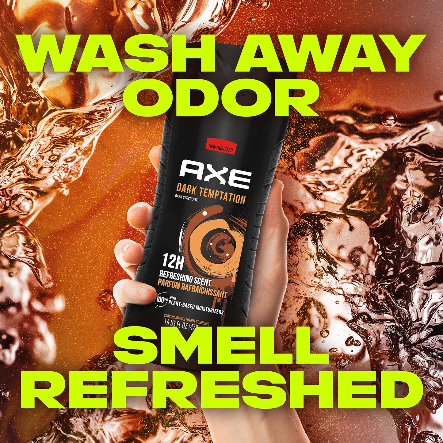 AXE Body Wash 12h Refreshing Scent Dark Temptation Dark Chocolate Men's Body Wash with 100 percent Plant-Based Moisturizers 16 oz