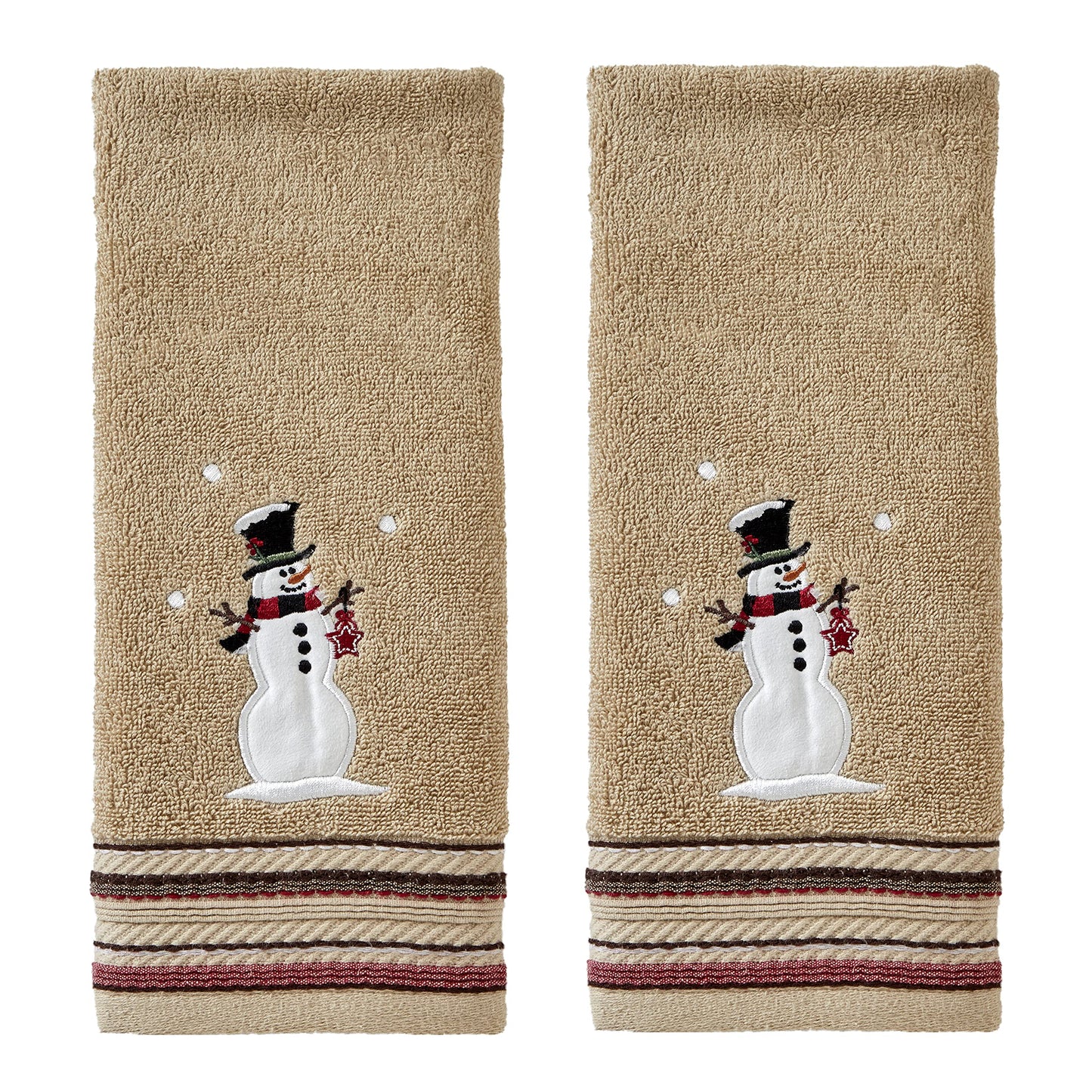 SKL Home Christmas/Winter Rustic Plaid Snowman Hand Towel 2pc Set for Bath/Kitchen/Bar & Gift, Wheat