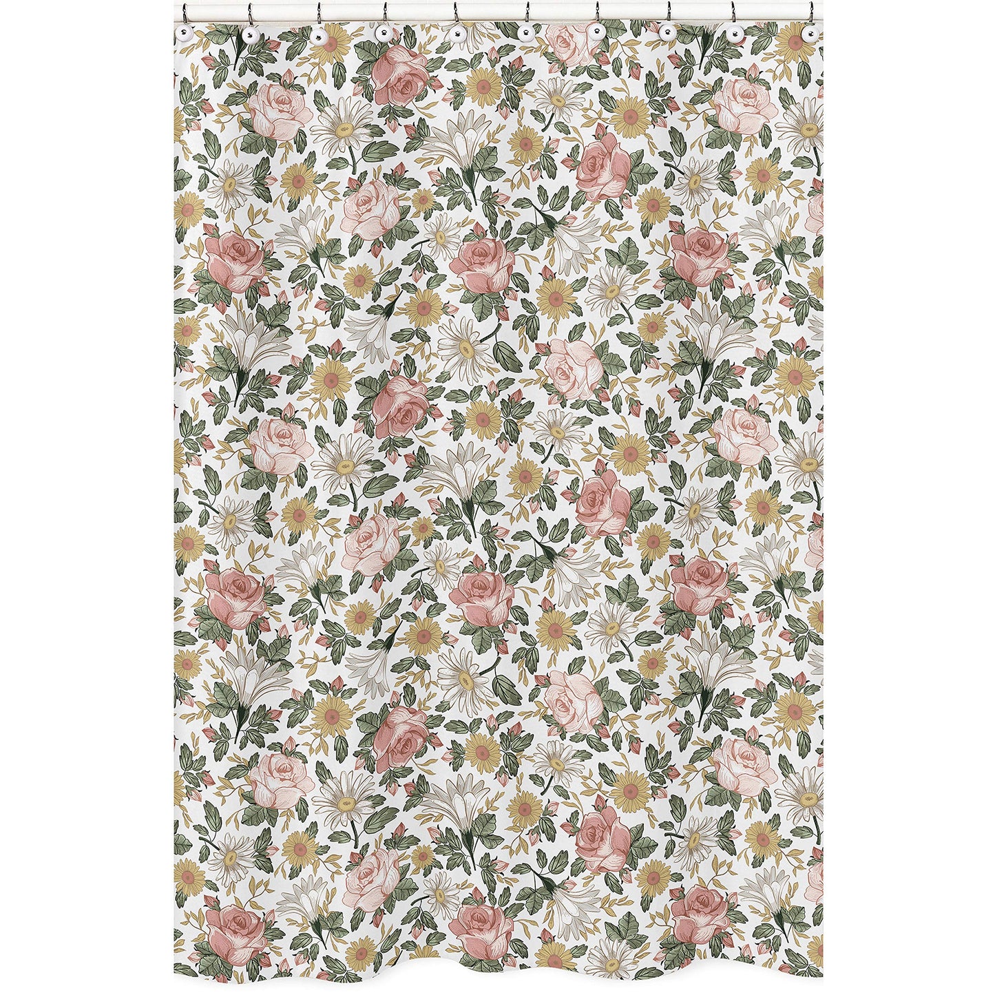 Sweet Jojo Designs Vintage Floral Boho Bathroom Fabric Bath Shower Curtain - Blush Pink, Yellow, Green and White Shabby Chic Rose Flower Farmhouse