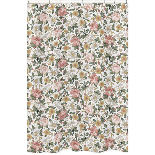 Sweet Jojo Designs Vintage Floral Boho Bathroom Fabric Bath Shower Curtain - Blush Pink, Yellow, Green and White Shabby Chic Rose Flower Farmhouse