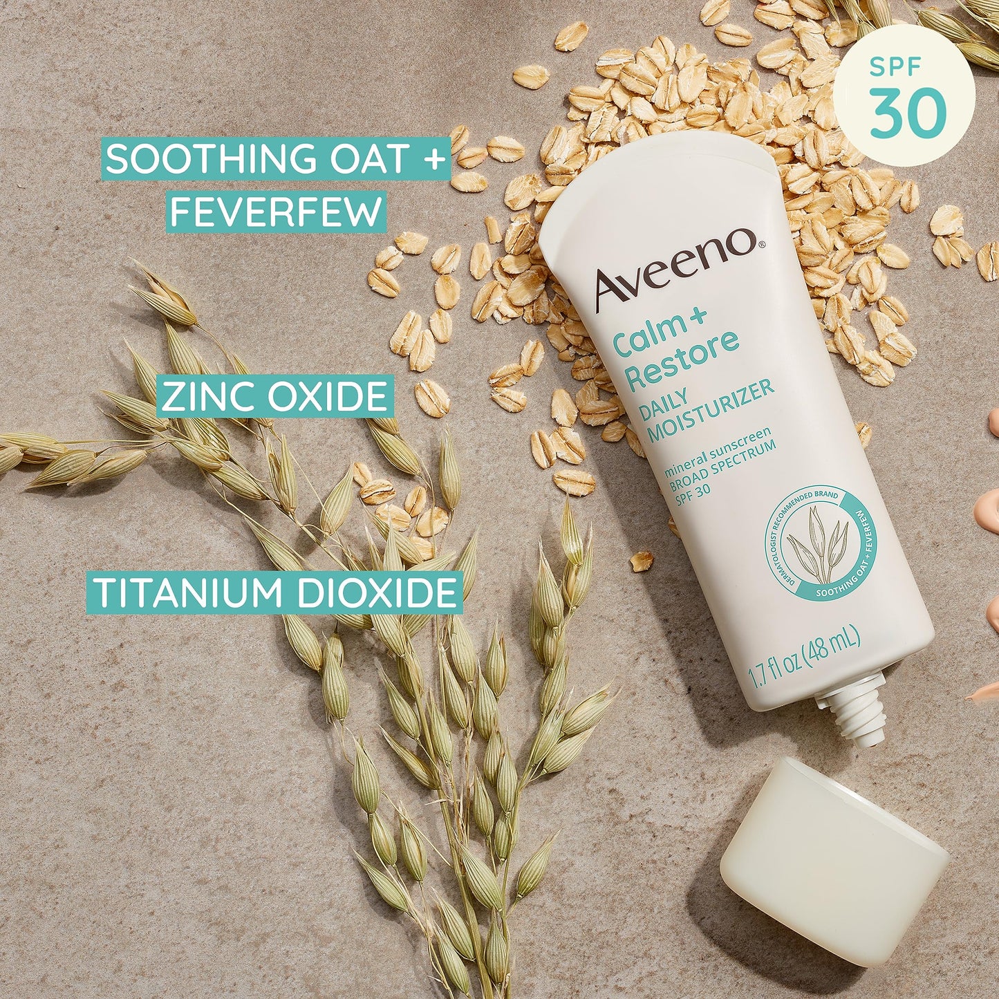 Aveeno Calm + Restore Daily Moisturizer Mineral Sunscreen with Broad Spectrum SPF 30, Lightweight All Day Moisture + UVA/UVB Sun Protection