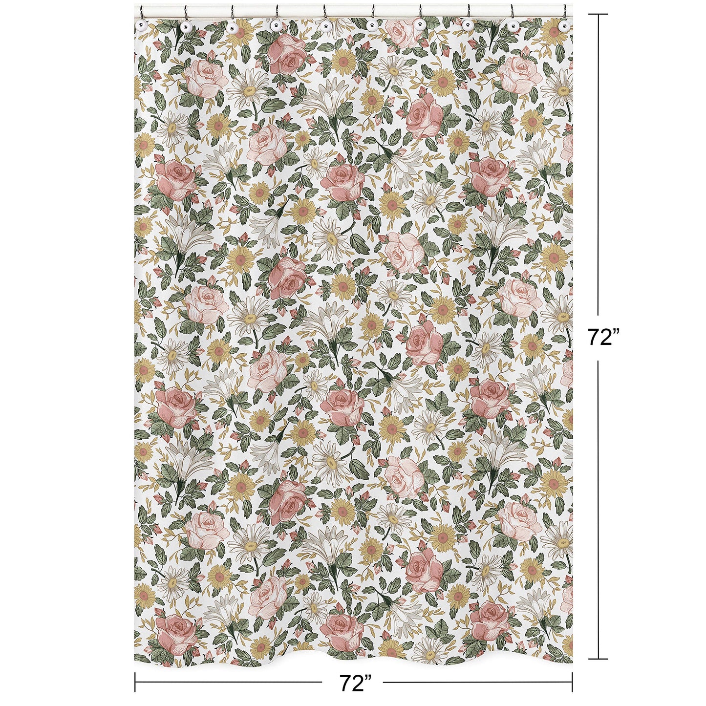 Sweet Jojo Designs Vintage Floral Boho Bathroom Fabric Bath Shower Curtain - Blush Pink, Yellow, Green and White Shabby Chic Rose Flower Farmhouse