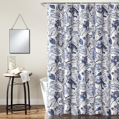 Lush Decor, Blue Cynthia Jacobean Shower Curtain-Fabric Floral Print Design,72 x 72