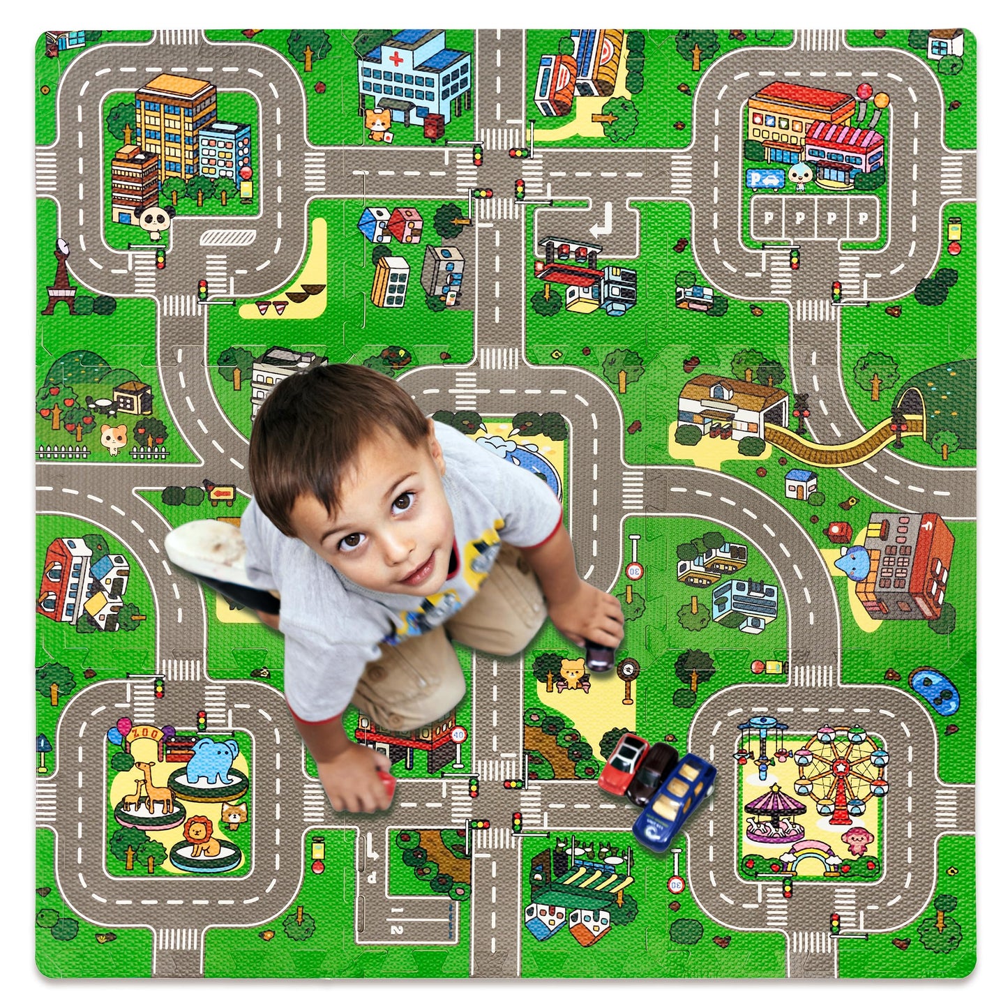 Sorbus Traffic Play Mat – 9 EVA Foam Puzzle Tiles with Borders, Kids Road Traffic Rug for Toy Cars & Trucks, Educational Playroom Mat